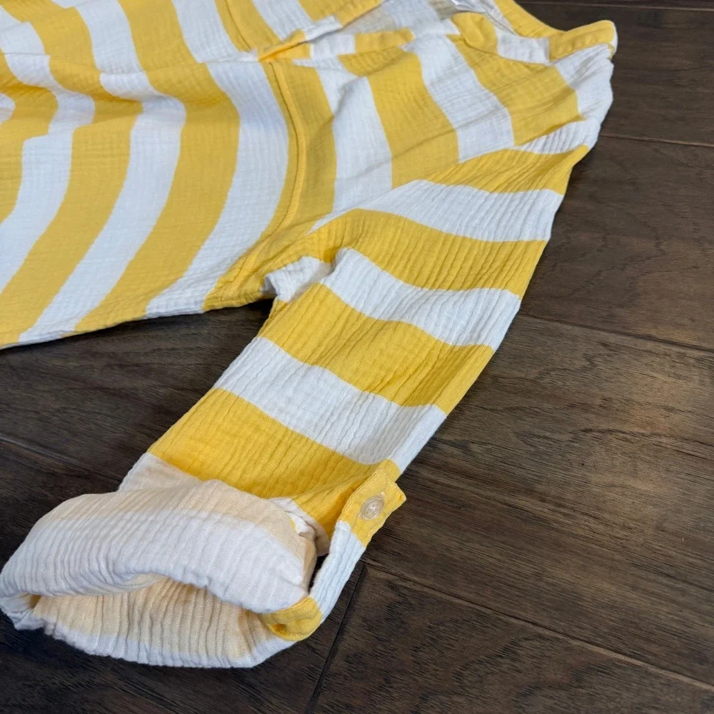 Kaktus Womens XL Yellow White Striped Cotton Gauze Roll Tab‎ Sleeve Tunic Top - Picture 3 of 7